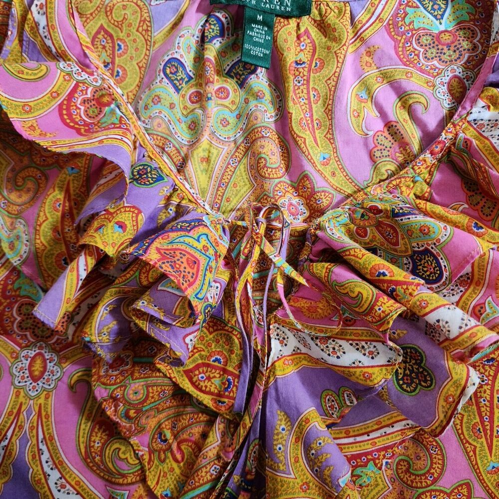 Lauren Ralph Lauren Womens Cotton Ruffle Blouse 3/4 Sleeve Colorful Paisley Sz M - Picture 2 of 10